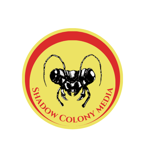 hadow Colony Media logo – circular design featuring a detailed insect illustration with red text on a yellow background