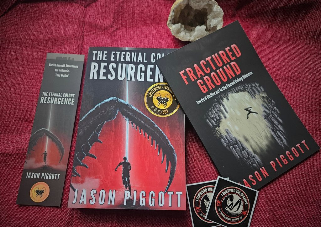 Resurgence & Fractured Ground books with bookmark and stickers on a red table cloth